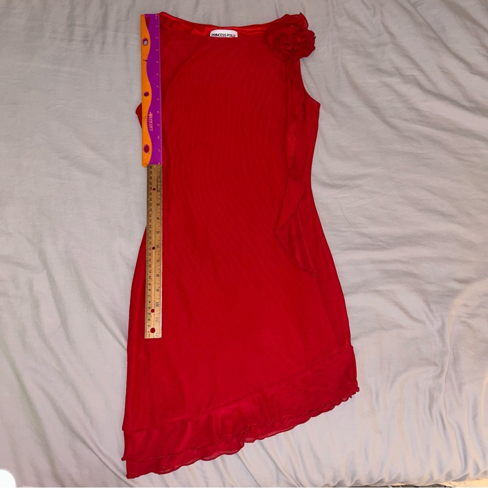 Princess Polly 4 Lorello Mini Red Dress, One Shoulder Rosette Ruffle Trim - Picture 7 of 12